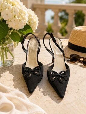 Stuart Weitzman Black Pointed Slingback Heels with floral Bow cutout Accent 91/2